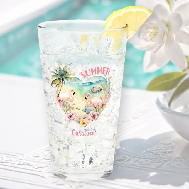 Flamingo Summer Beach Herz Tropischer rosa Name Glas (Flamingo Summer Beach Heart Tropical Pink Name Glass)