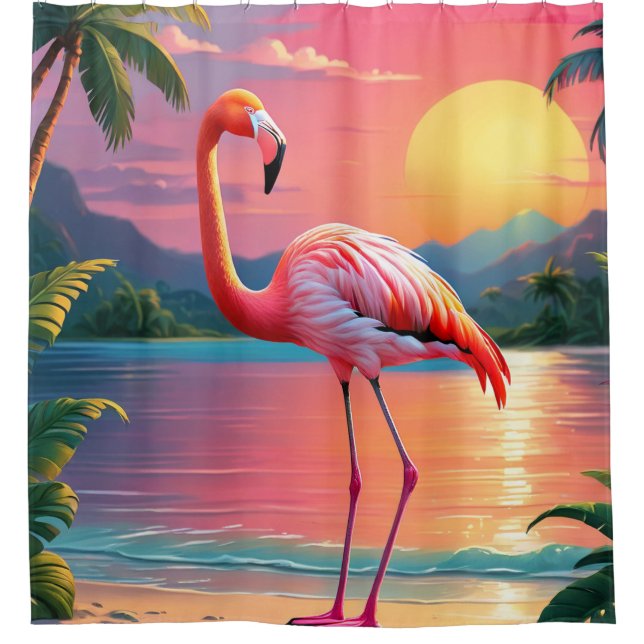 Flamingo Sunset Tropical Beach Duschvorhang (Vorderseite)