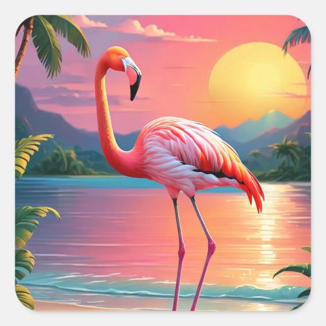 Flamingo Sunset Tropical Beach Quadratischer Aufkleber (Vorderseite)