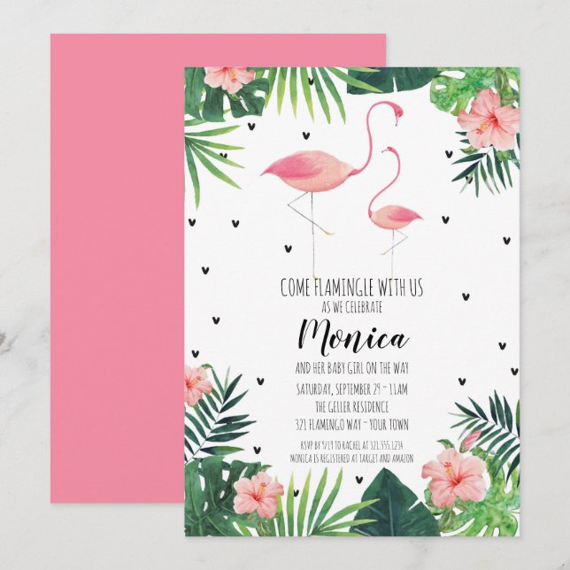 Flamingo Themed Baby Dusche Einladung (Vorne/Hinten)