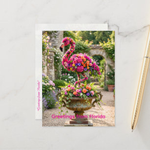 Flamingo-Topiarienkübel und tropische Blumen Postkarte