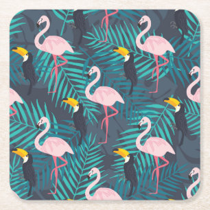 Flamingo, Toucan: tropisches Blattmuster Rechteckiger Pappuntersetzer