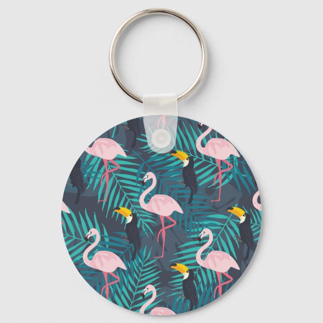 Flamingo, Toucan: tropisches Blattmuster Schlüsselanhänger (Vorderseite)