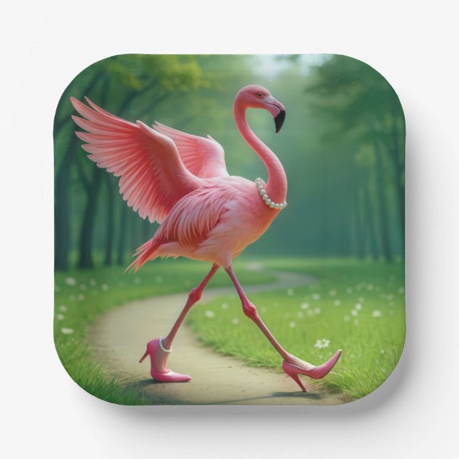 Flamingo Tragen von hohen Absätzen und Perlen Pappteller (Vorderseite)