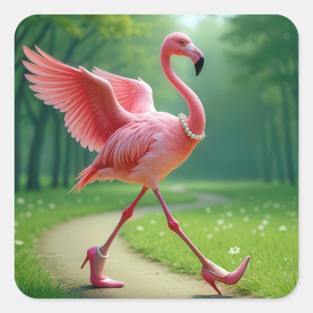 Flamingo Tragen von hohen Absätzen und Perlen Quadratischer Aufkleber (Vorderseite)