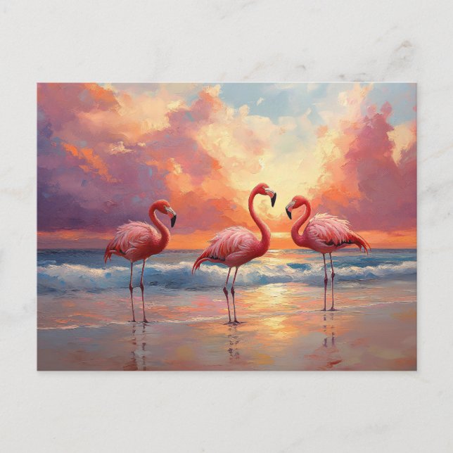 Flamingo Trio am Strand Postkarte (Vorderseite)