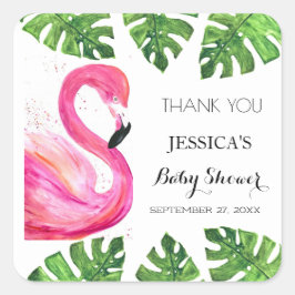 Flamingo Tropical Blätter Baby Dusche Gastgeschenk Quadratischer Aufkleber