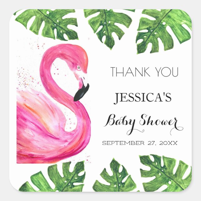Flamingo Tropical Blätter Baby Dusche Gastgeschenk Quadratischer Aufkleber (Vorderseite)