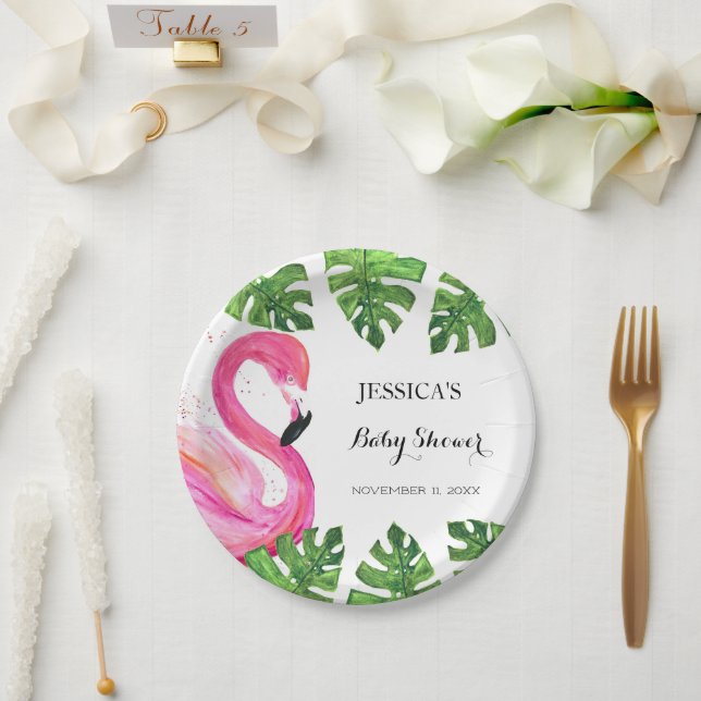 Flamingo Tropical Blätter Baby Dusche Party Pappteller (Hochzeit)