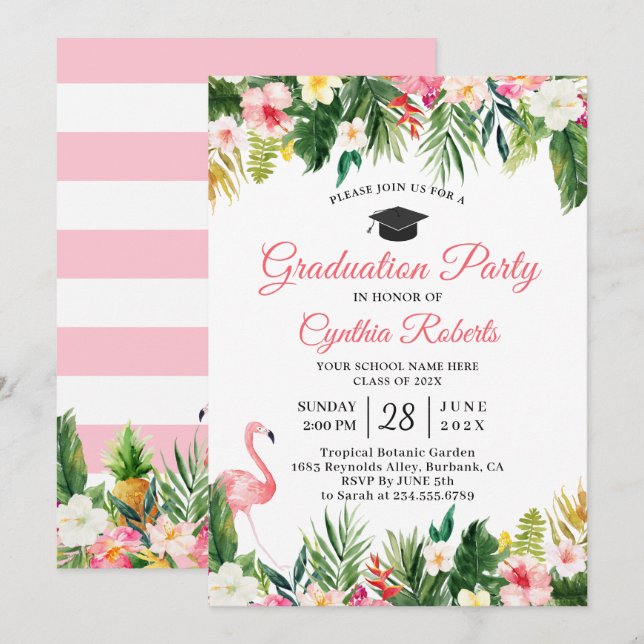 Flamingo Tropical Blätter Floral Graduation Party Einladung (Vorne/Hinten)