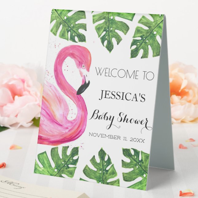 Flamingo Tropical Blätter Kinderdusche Begrüßungsz Tischaufsteller (In Situ (Hochzeit))