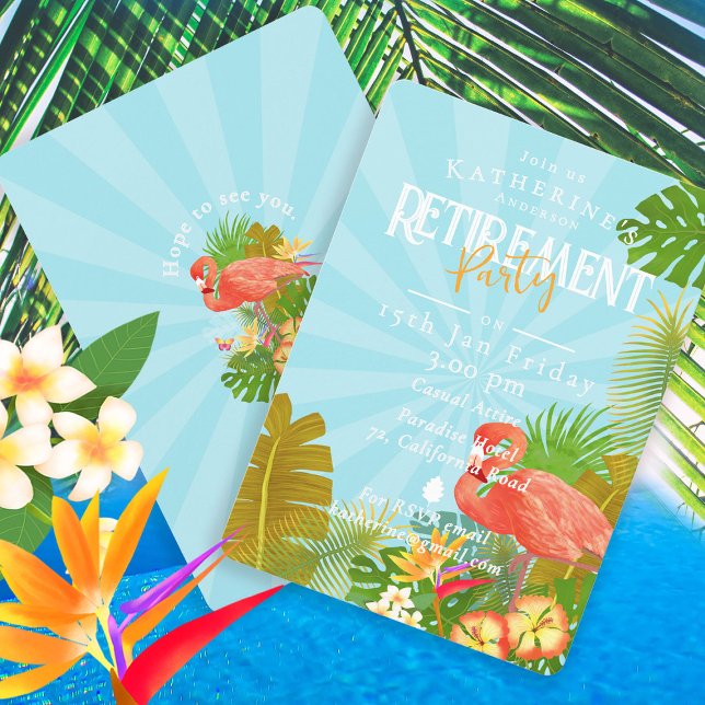 Flamingo Tropical Blue Retirement  Einladung (Flamingo Tropical Retirement Party Invitation Card.)