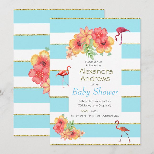 Flamingo Tropical Blue Stripe Baby Dusche Einladung (Vorne/Hinten)