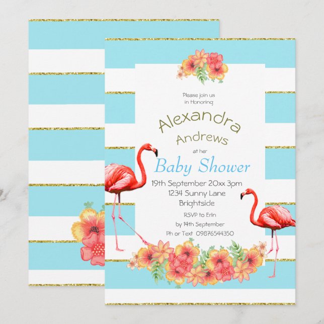 Flamingo Tropical Blume Blue Stripe Baby Dusche Einladung (Vorne/Hinten)