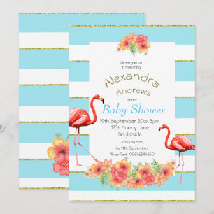 Flamingo Tropical Blume Blue Stripe Baby Dusche Einladung
