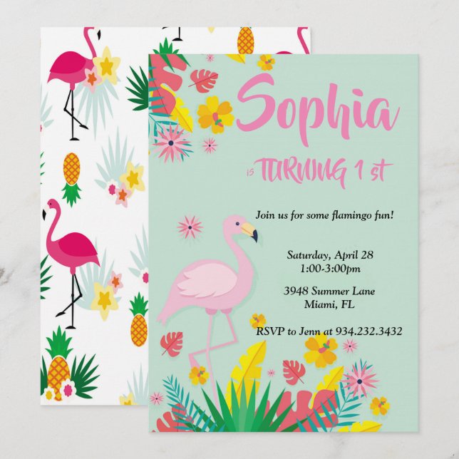 Flamingo Tropical Einladung (Vorne/Hinten)