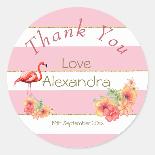 Flamingo Tropical Floral Pink Stripe Baby Dusche Runder Aufkleber (Vorderseite)