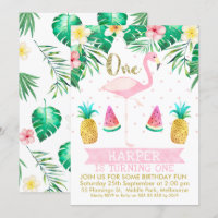 Flamingo Tropical Fruit Erster Geburtstag Einladun