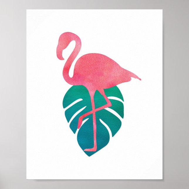 Flamingo Tropical Leaves Watercolor Art Poster (Vorne)