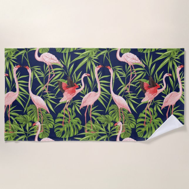 Flamingo Tropical Pflanze auf Deep Blue Background Strandtuch (Vorderseite)