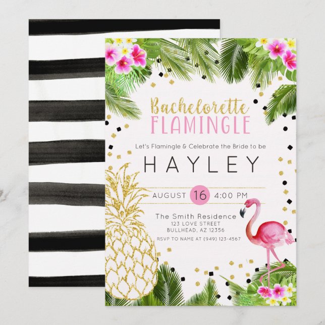 Flamingo Tropical Pineaple Bachelorette Einladung (Vorne/Hinten)