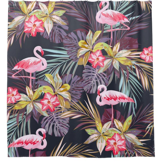 Flamingo Tropical: Sommer nahtloses Muster Duschvorhang (Vorderseite)