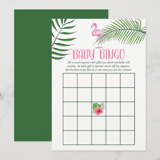 Flamingo Tropical Watercolor Babydusche Bingo Einladung (Vorne/Hinten)