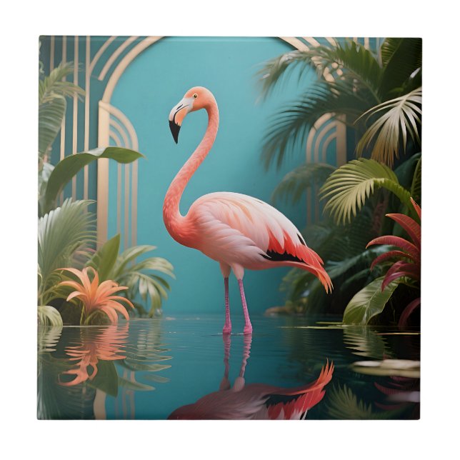 Flamingo Tropicale Spiegelung Fliese (Vorderseite)