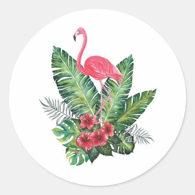 Flamingo tropische Blätter Runder Aufkleber (Vorderseite)