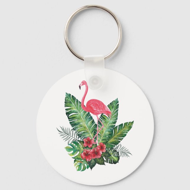 Flamingo tropische Blätter Schlüsselanhänger (Vorderseite)