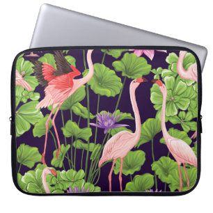 Flamingo, tropische Pflanze, schwarzer Hintergrund Laptopschutzhülle