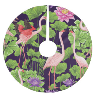 Flamingo, tropische Pflanze, schwarzer Hintergrund Polyester Weihnachtsbaumdecke