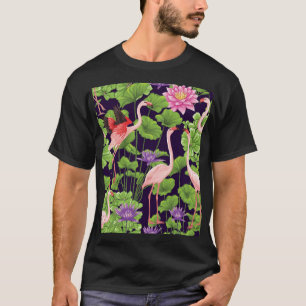 Flamingo, tropische Pflanze, schwarzer Hintergrund T-Shirt