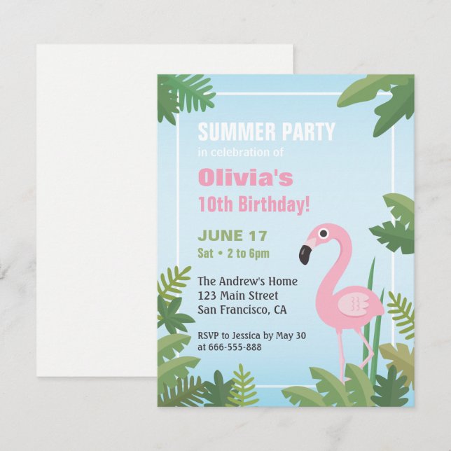 Flamingo-tropische Sommer-Geburtstags-Party Einladung (Vorne/Hinten)