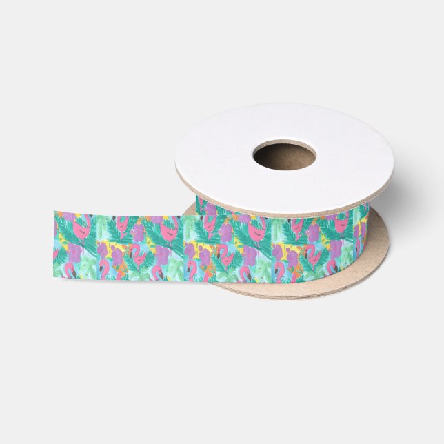 Flamingo-tropischer Dschungel-Druck Satinband (Spule)