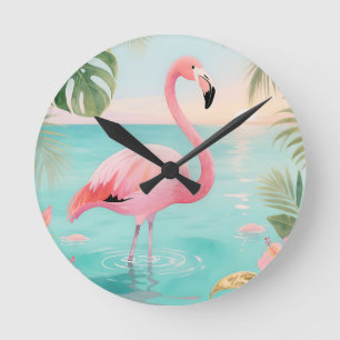 Flamingo Tropischer Sonnenuntergang Aquarell Runde Wanduhr
