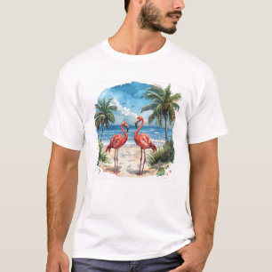 Flamingo Tropisches Insel T-Shirt Strand Palmen