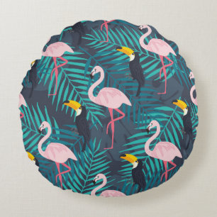 Flamingo, Tukan: tropisches Blattmuster Rundes Kissen