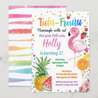 Flamingo Tutti Fruitti Girl 2. Geburtstag Party Einladung