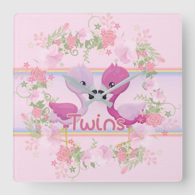 Flamingo Twins Time Quadratische Wanduhr (Vorderseite)