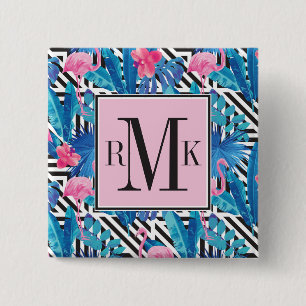 Flamingo u. Palmen auf geometrischem Muster Button