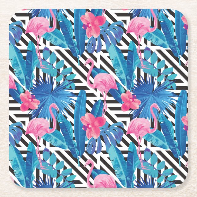 Flamingo u. Palmen auf geometrischem Muster Rechteckiger Pappuntersetzer (Vorderseite)