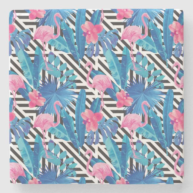Flamingo u. Palmen auf geometrischem Muster Steinuntersetzer (Vorderseite)