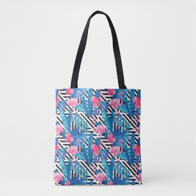 Flamingo u. Palmen auf geometrischem Muster Tasche (Vorderseite)