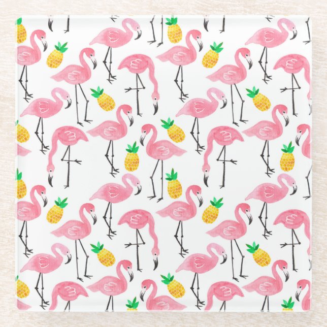 Flamingo und Ananas: Tropisches Set. Glasuntersetzer (Vorderseite)