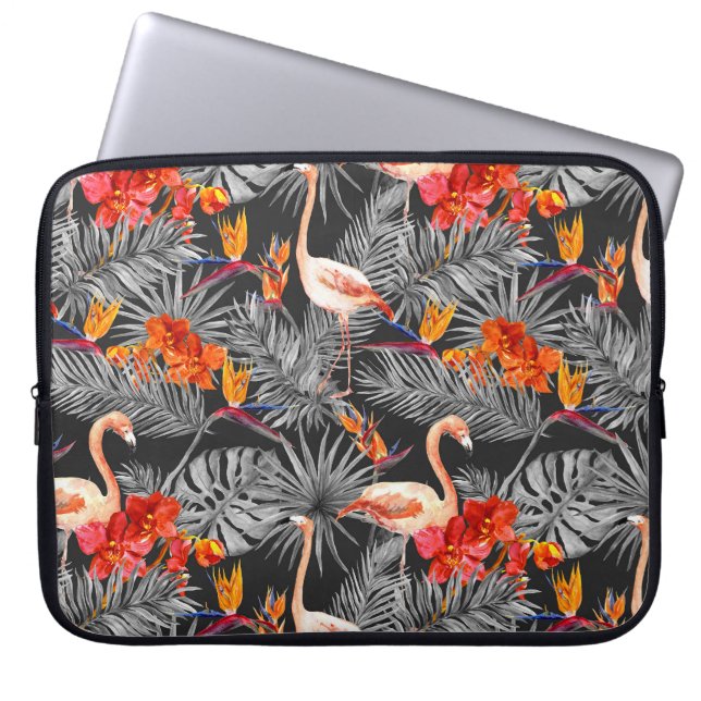 Flamingo und Blume, monochrome Muster. Laptopschutzhülle (Vorderseite)