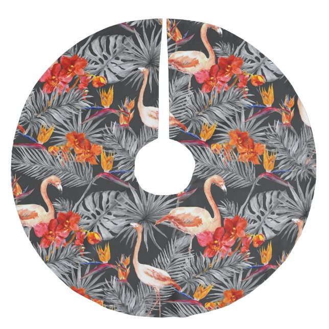 Flamingo und Blume, monochrome Muster. Polyester Weihnachtsbaumdecke (Vorderseite)