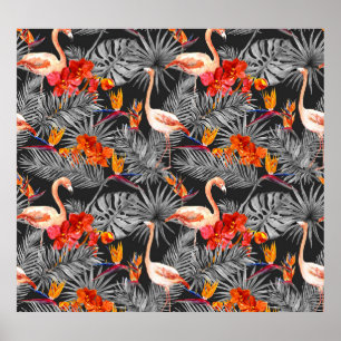 Flamingo und Blume, monochrome Muster. Poster