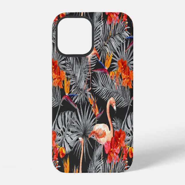 Flamingo und Blumen, monochromes Muster. iPhone 12 Hülle (Rückseite)