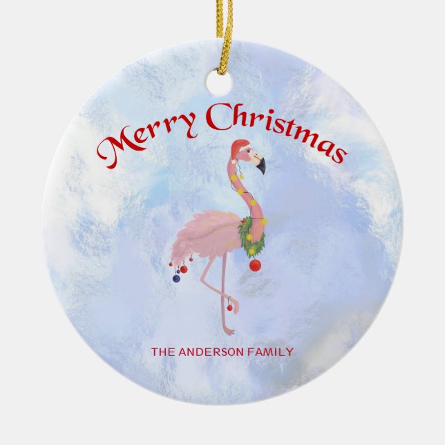 Flamingo und farbenfrohe Weihnachtsbälle Keramik Ornament (Vorne)
